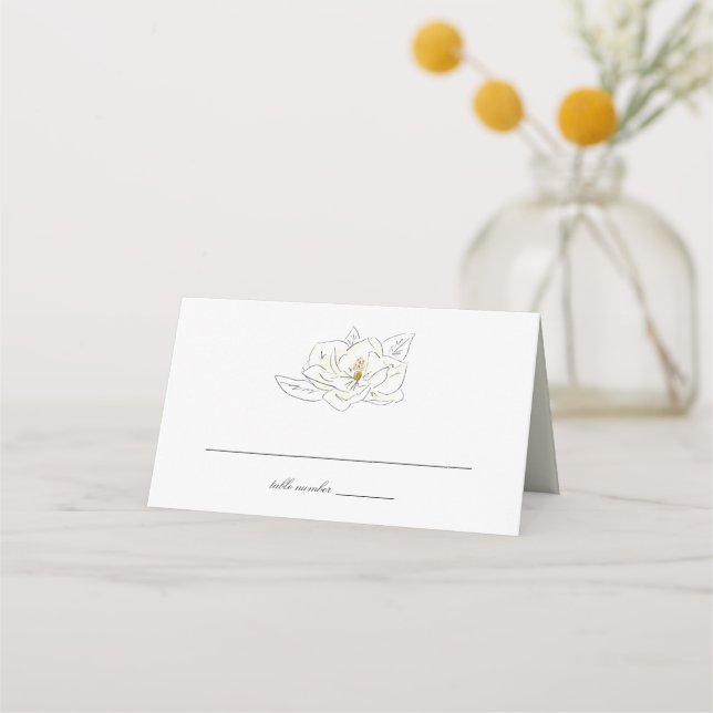 Elegante White Magnolia Illustration Hochzeit Platzkarte (Vorderseite)