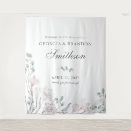 Elegante White Magnolia und Eukalyptus Wedding Wandteppich