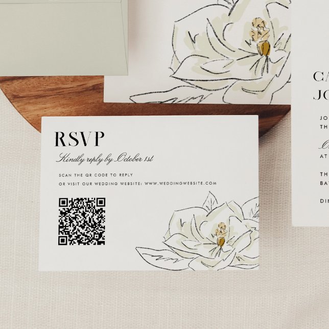 Elegante White Magnolia Wedding QR Code UAWG RSVP Karte (Elegant Southern-inspired white magnolia illustration wedding RSVP QR code cards.)