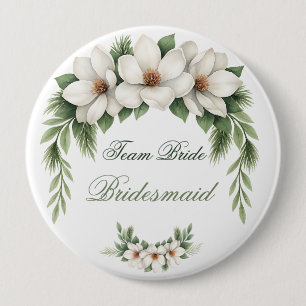Elegante White Magnolia Winter Wedding Pine Tree Button