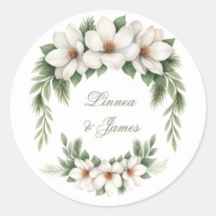 Elegante White Magnolia Winter Wedding Pine Tree Runder Aufkleber