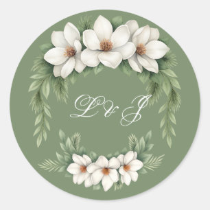 Elegante White Magnolia Winter Wedding Pine Tree Runder Aufkleber