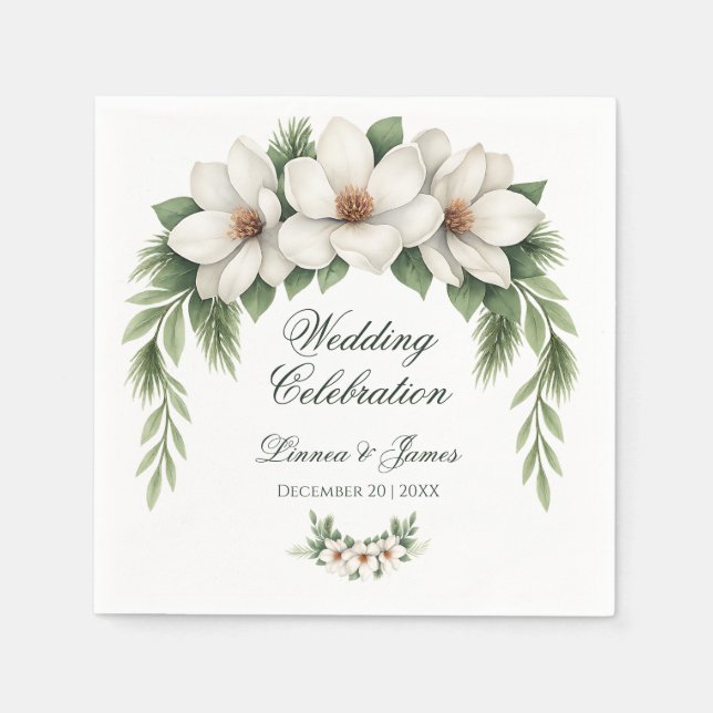 Elegante White Magnolia Winter Wedding Pine Tree Serviette (Vorderseite)