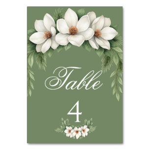 Elegante White Magnolia Winter Wedding Pine Tree Tischnummer
