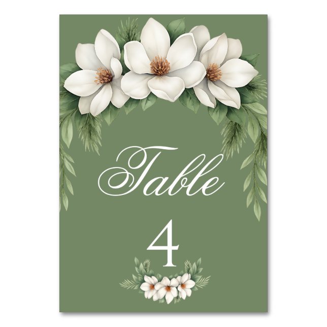 Elegante White Magnolia Winter Wedding Pine Tree Tischnummer (Vorderseite)