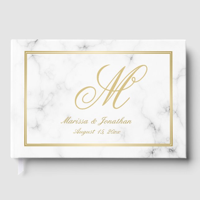 Elegante White Marble Gold Monogram Script Hochzei Gästebuch (Vorderseite)