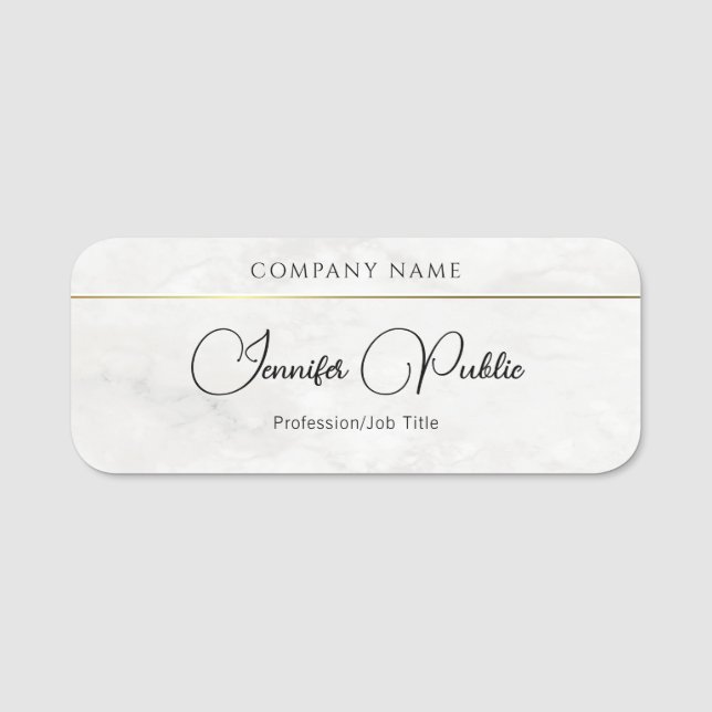 Elegante White Marble Gold Template Typografie Namensschild (Vorderseite)