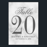 Elegante White Marble Wedding Tischnummer<br><div class="desc">Die elegante Hochzeitskarte bietet den Titel "Table" im grau-eleganten Schriftart-Stil mit großen Tischnummer- und Hochzeitsdetails in einem grau serf Schriftart-Stil auf weißem Marmorboden. Auch ideal für Brautparty,  Probe-Dinner,  Geburtstagsparty,  Restaurants,  besondere Anlass Partys und Veranstaltungen.</div>