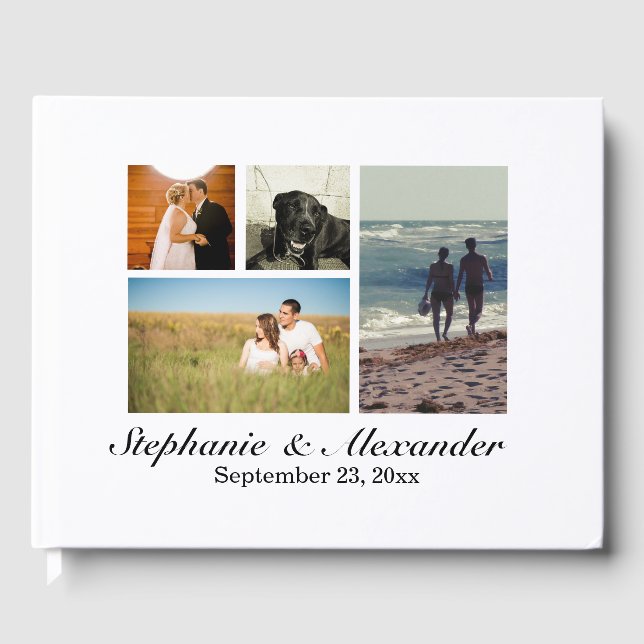 Elegante White Modern 4 Foto Hochzeit oder Veranst Gästebuch (Vorderseite)