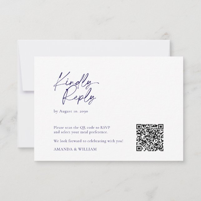 Elegante White & Navy Blue QR Code RSVP Karte (Rückseite)