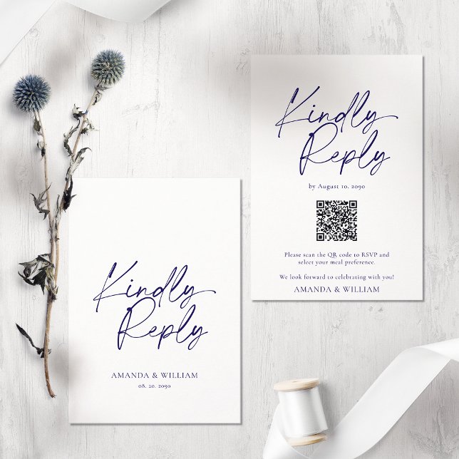 Elegante White & Navy Blue QR Code RSVP Karte (Von Creator hochgeladen)