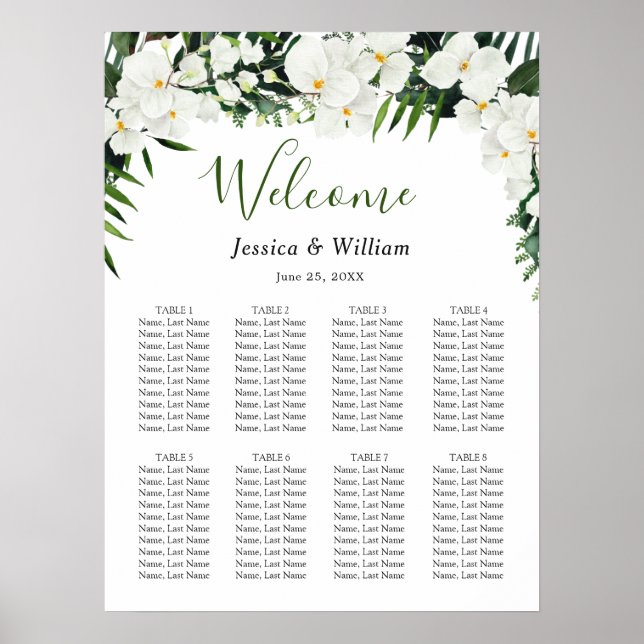 Elegante White Orchid Boho 8 Tische SITZENDE CHART Poster (Vorne)