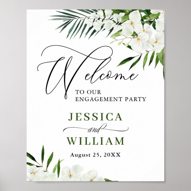 Elegante White Orchid ENGAGEMENT PARTY Begrüßungsz Poster (Vorne)