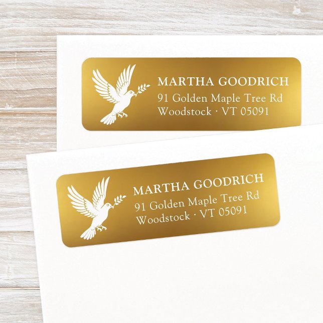 Elegante White Peace Dove Gold Foil Rücksendeadres (Peace on Earth, white peace dove, faux gold foil Christmas return address label with elegant style.)