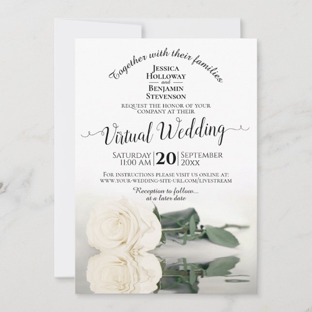 Elegante White Reflating Rose Virtual Wedding Einladung (Vorderseite)