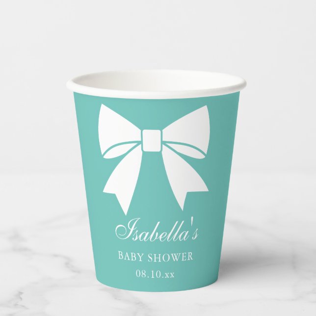 Elegante White Ribbon Bow Aquamarin Blue Baby Dusc Pappbecher (Vorderseite)