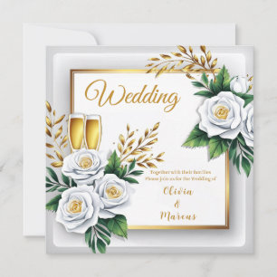 Elegante White Rose & Champagne Gold Wedding Card