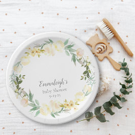 Elegante White Rose Floral Baby Dusche Pappteller