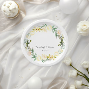 Elegante White Rose Floral Wedding Pappteller