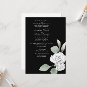 Elegante White Rose Foliage Black Wedding Einladung