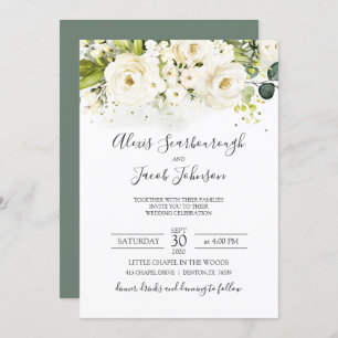 Elegante White Rose & Gold Cursive Wedding Einladung