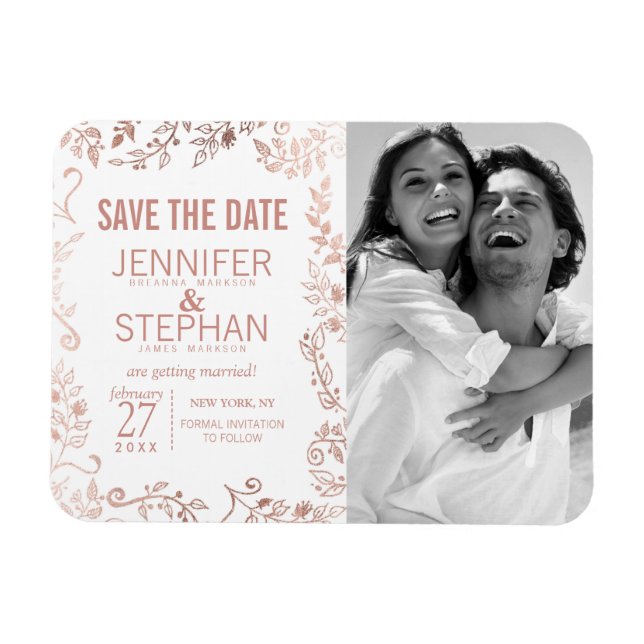 Elegante White Rose Gold Floral Retten Sie die Ter Magnet (Horizontal)