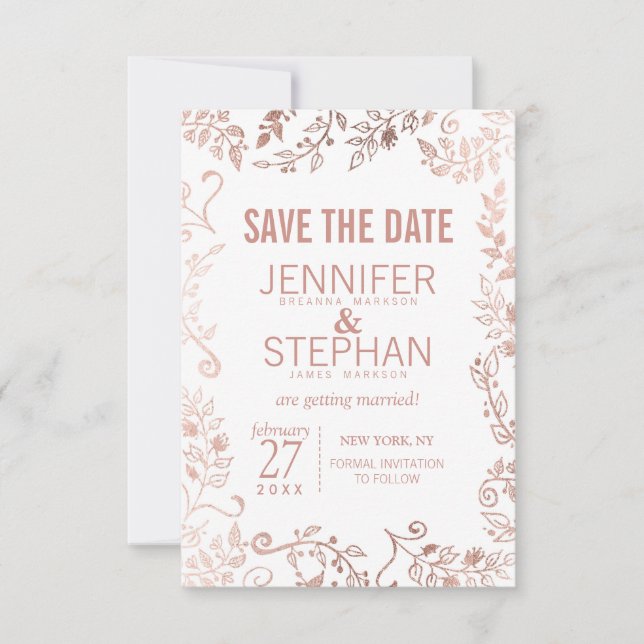 Elegante White Rose Gold Floral Wedding Save The Date (Vorderseite)