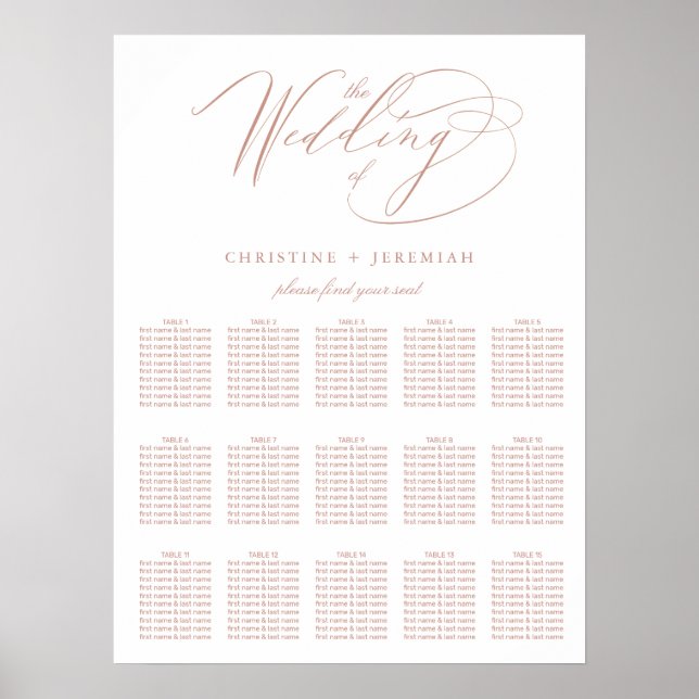 Elegante White Rose Gold Script Hochzeitssitze Poster (Vorne)