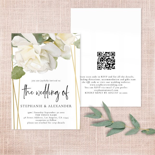 Elegante White Rose QR Code Hochzeit Einladung (Von Creator hochgeladen)