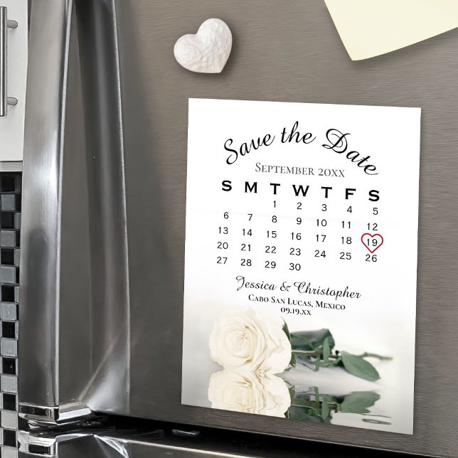 Elegante White Rose Save the Date Calendar Magnet (On Refrigerator)