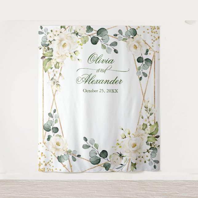 Elegante White Rose Wedding Foto Stand Hintergrund Wandteppich (Vorderseite)
