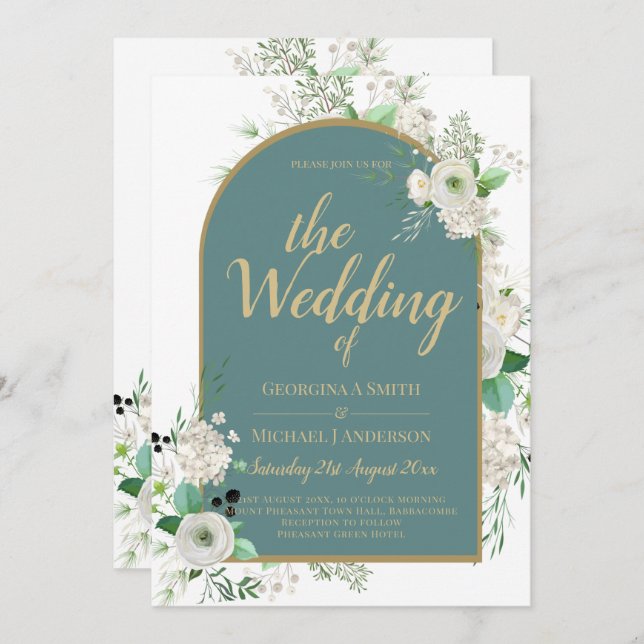 Elegante White Roses All-in-1 Wedding Einladung UA (Vorne/Hinten)