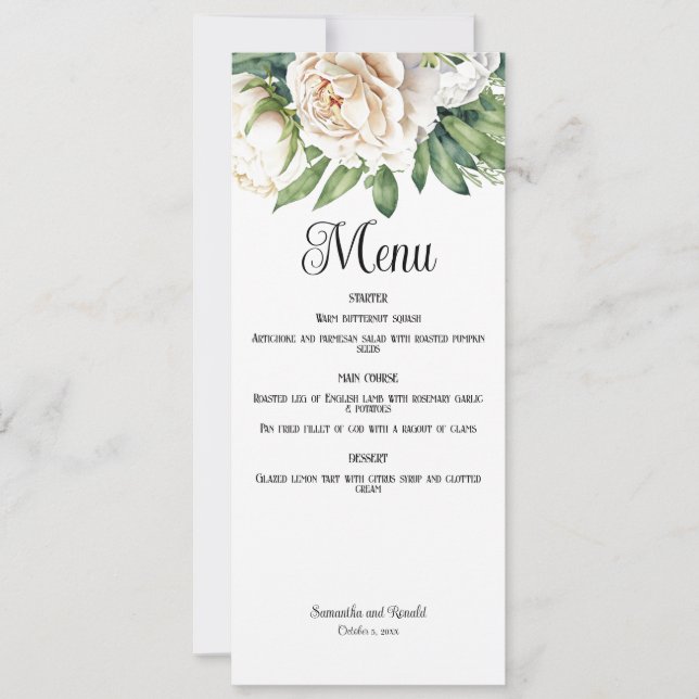 Elegante White Roses and Peonies Wedding Menu Card Einladung (Vorderseite)