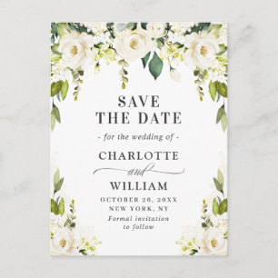 Elegante White Roses-Blume Hochzeitssache Datum sp Ankündigungspostkarte