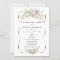 Elegante White Roses Burgundy Gold Frame Wedding