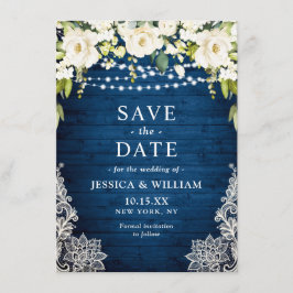 Elegante White Roses Lace Rustic Blue Wood Wedding Save The Date