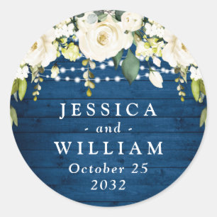 Elegante White Roses Lace Rustic Wood Wedding Runder Aufkleber