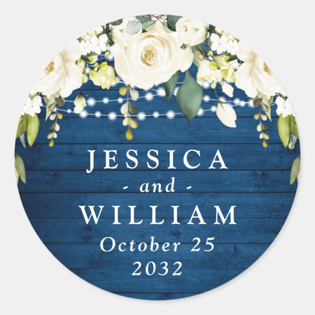 Elegante White Roses Lace Rustic Wood Wedding Runder Aufkleber (Vorderseite)