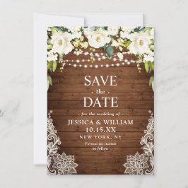Elegante White Roses Lace Rustic Wood Wedding Save The Date