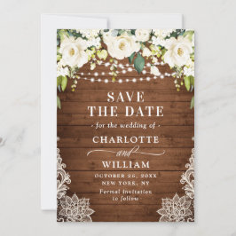 Elegante White Roses Lace Wood Rustic Wedding Save The Date