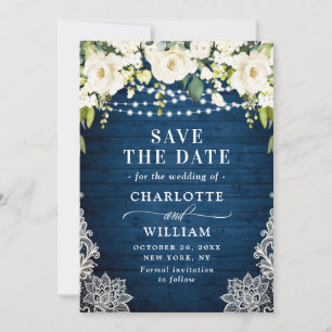 Elegante White Roses Lace Wood Rustic Wedding Save The Date