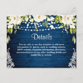 Elegante White Roses Rustic Wedding Details Card Postkarte