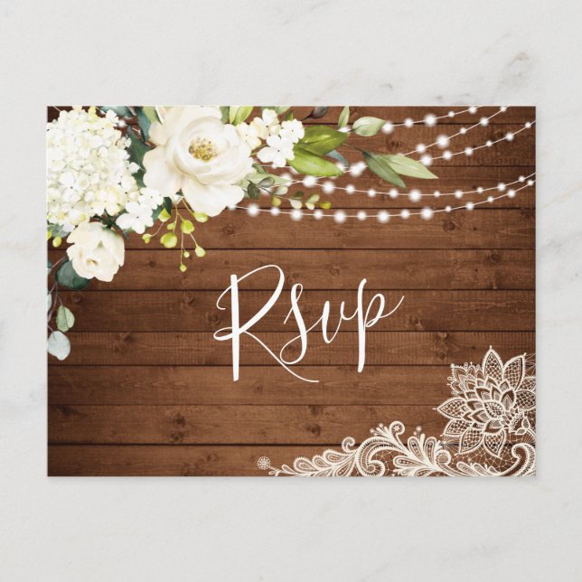 Elegante White Roses Rustic Wedding RSVP Karte (Vorderseite)