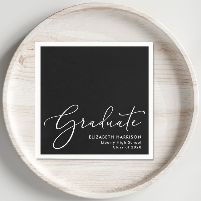 Elegante White Script Black Graduation Party Serviette (Von Creator hochgeladen)