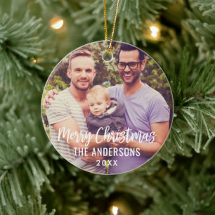 Elegante White-Script-Familien-Weihnachtsfoto Keramik Ornament