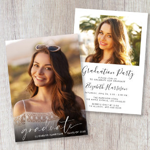 Elegante White Script Foto Graduation Party Einladung