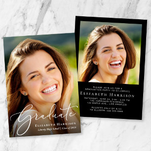 Elegante White Script Foto Graduation Party Einladung