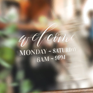 Elegante White Script Welcome Business Store Stund Fensteraufkleber