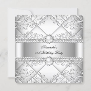 Elegante White Silver Lace Pearl Birthday Party Einladung