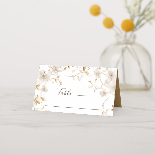 Elegante White Tan Blume Design Wedding Platzkarte (Vorderseite)